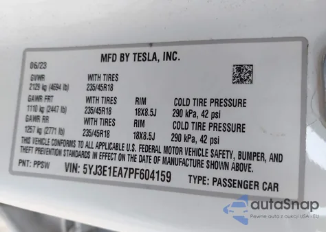 2023 Tesla Model 3 Rear-Wheel Drive from USA, damaged, VIN 5YJ3E1EA7PF604159